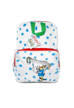 MOCHILA PIPPI FONDO BLANCA CON TOPOS AZULES